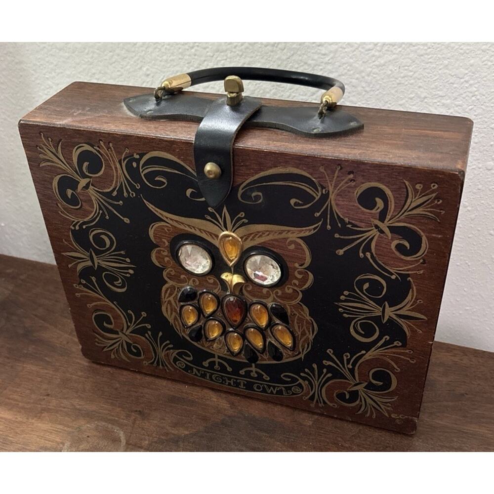 Vintage Enid Collins Night Owl Wooden Box Bag Purse 1960s Mirror Atomic MCM Read